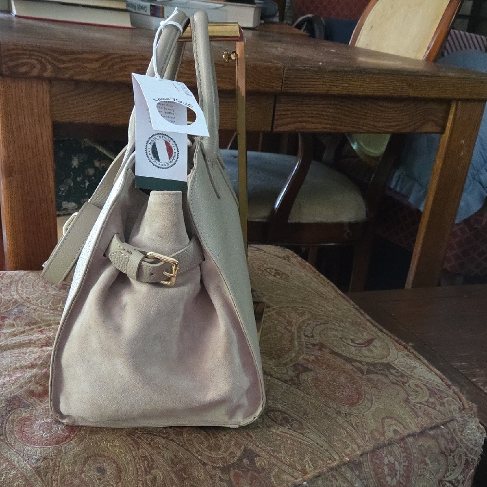 Anna Paola NWT Italian Leather and Suede Tan Crossbody Satchel $500 Retail